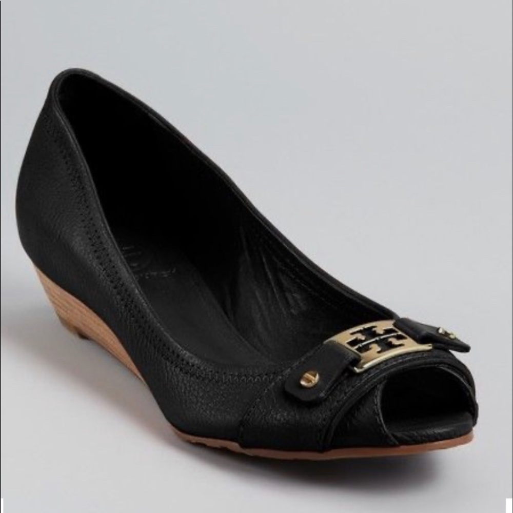 Tory Burch Black Leather and Cork Wedges 10